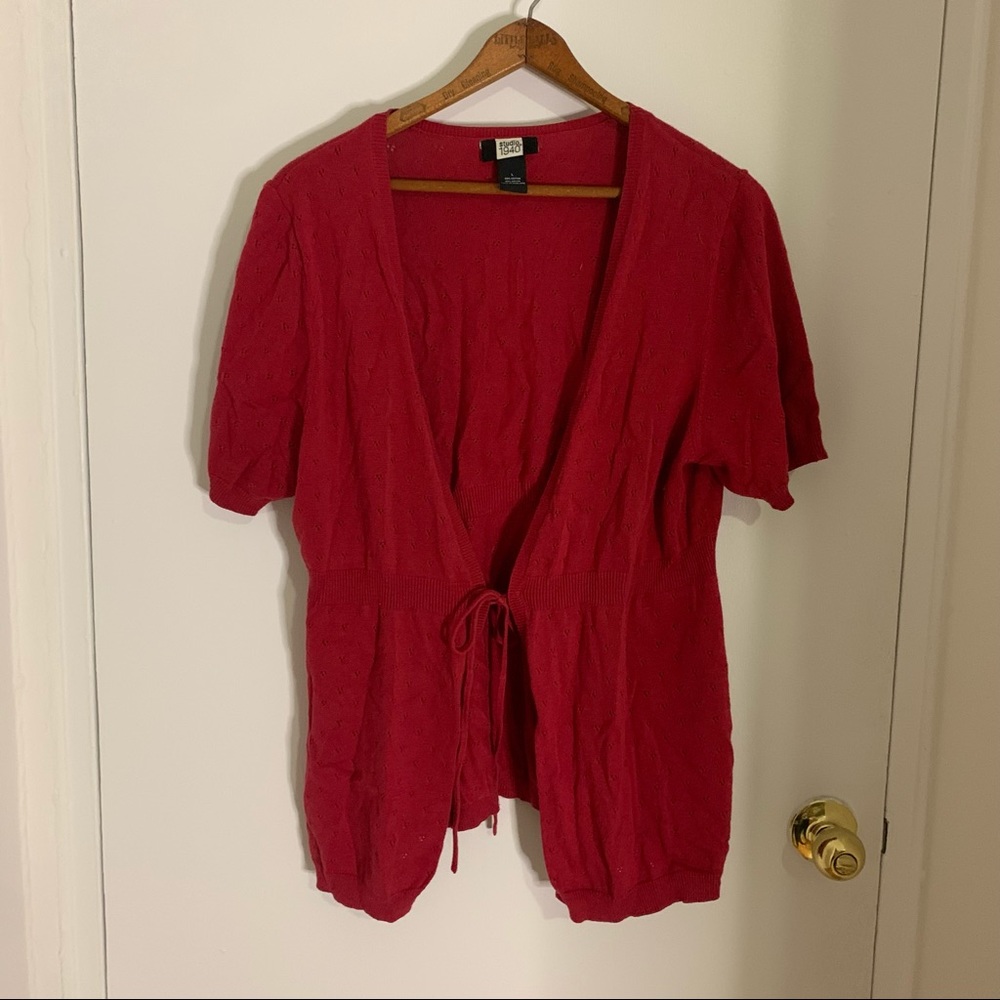 Red Short Sleeve Crochet Sweater.